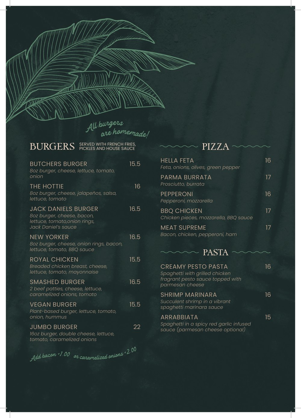 Printed Starlight menu page with burgers, pizza and pasta