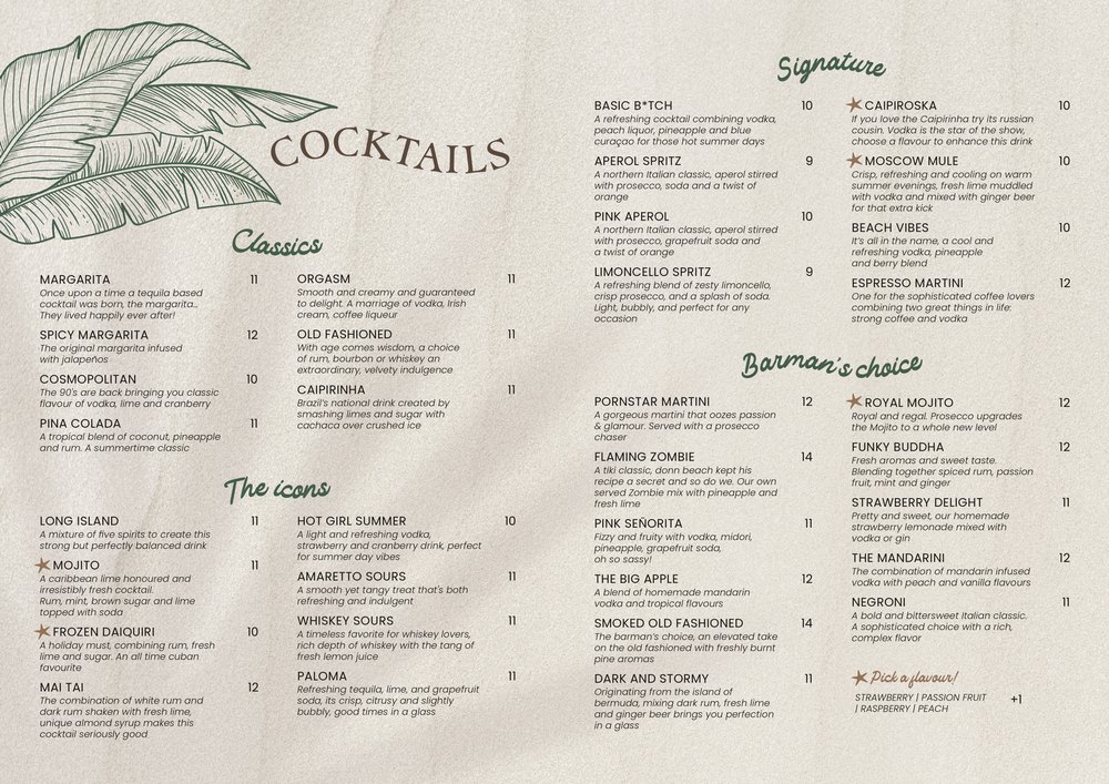 Printed Starlight cocktail menu