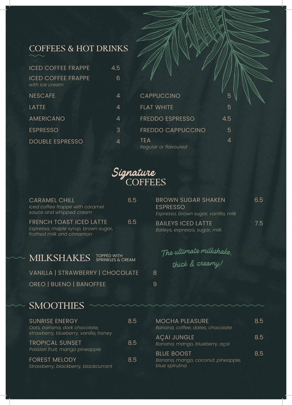 Printed Starlight menu page with coffees, milkshakes and smoothies