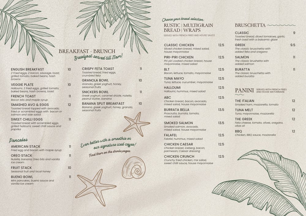 Printed Starlight day menu page with breakfast, brunch, wraps and panini