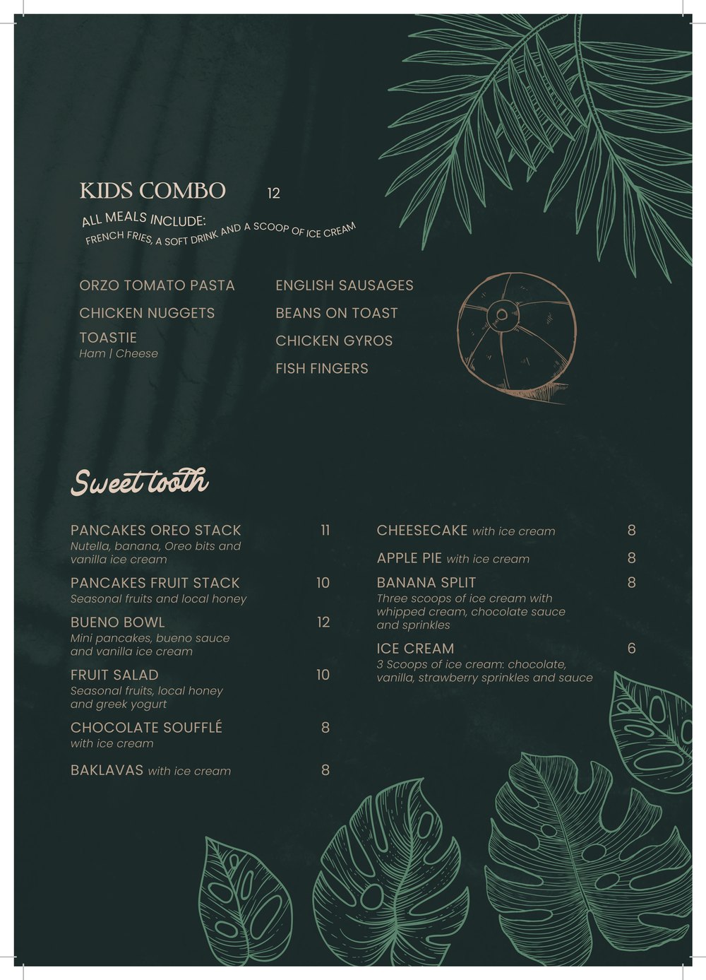 Printed Starlight menu page with the kids combo and desserts