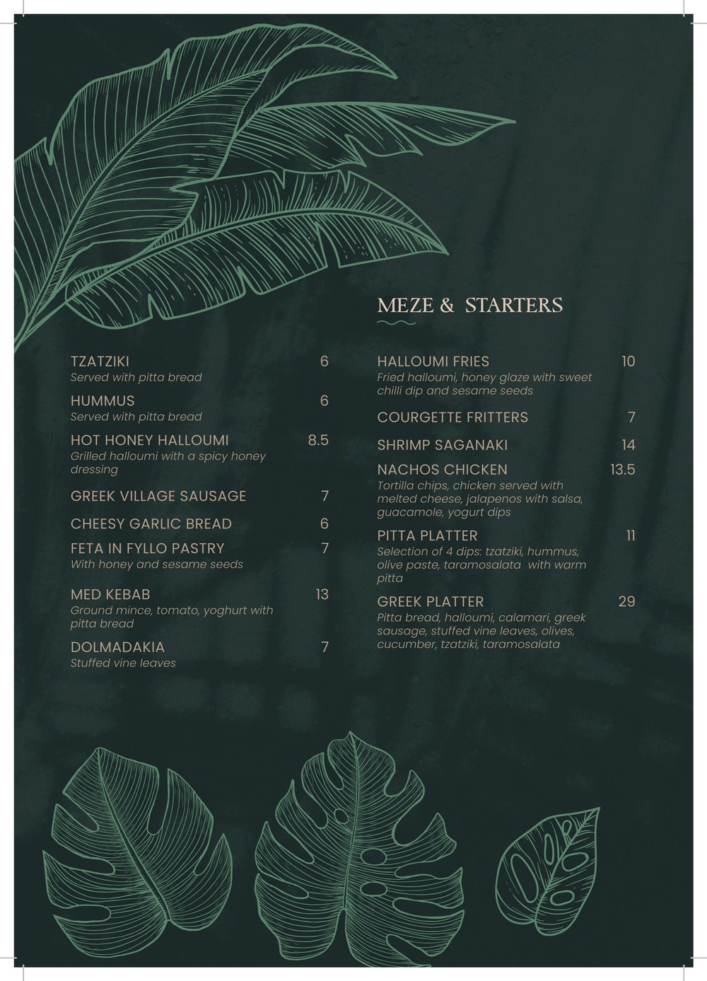 Printed Starlight menu page with meze and starters