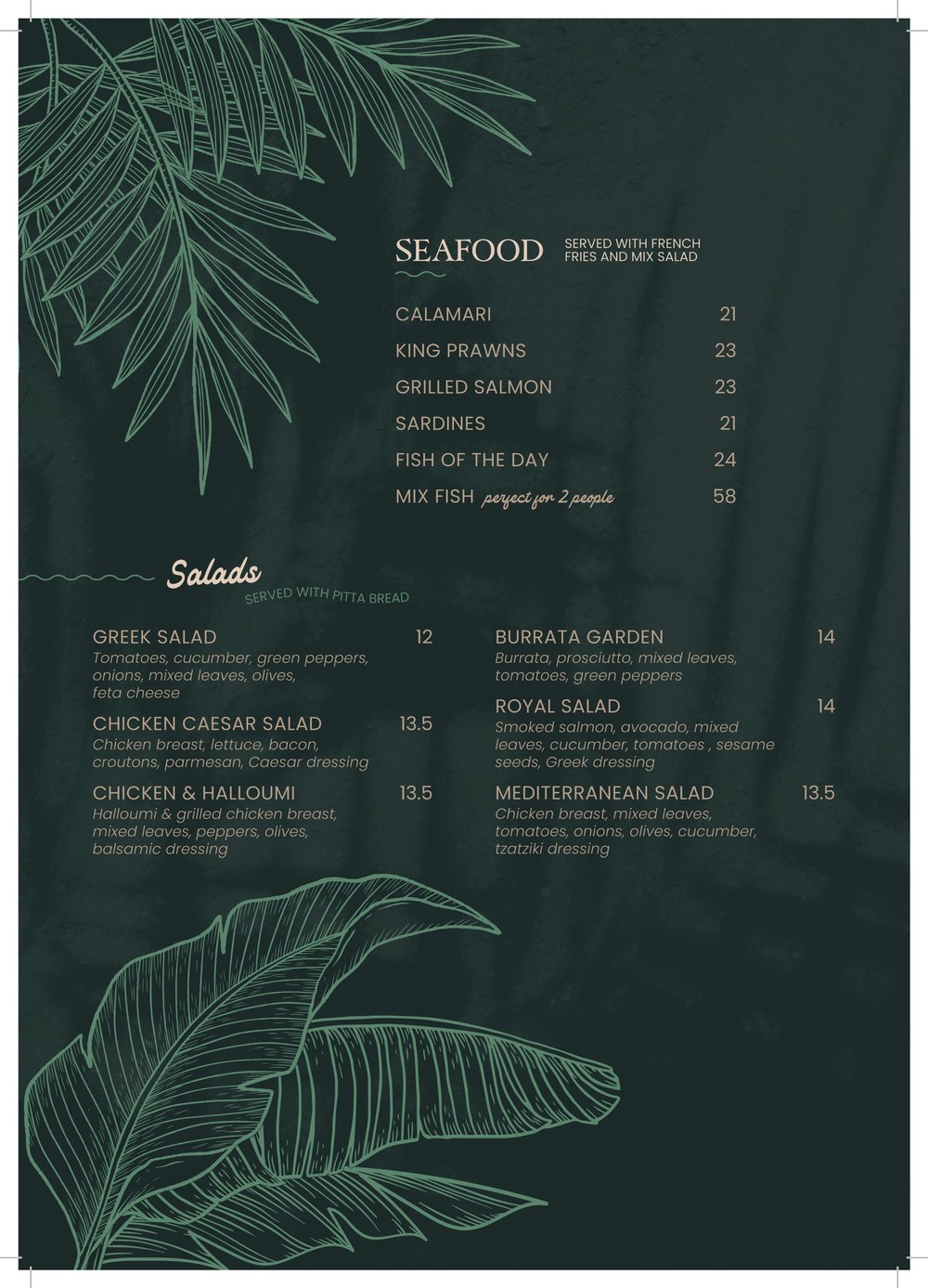 Printed Starlight menu page with seafood and salads