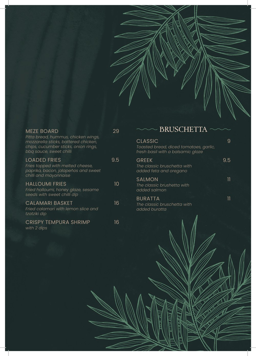 Printed Starlight menu page with sharing platters and bruschetta