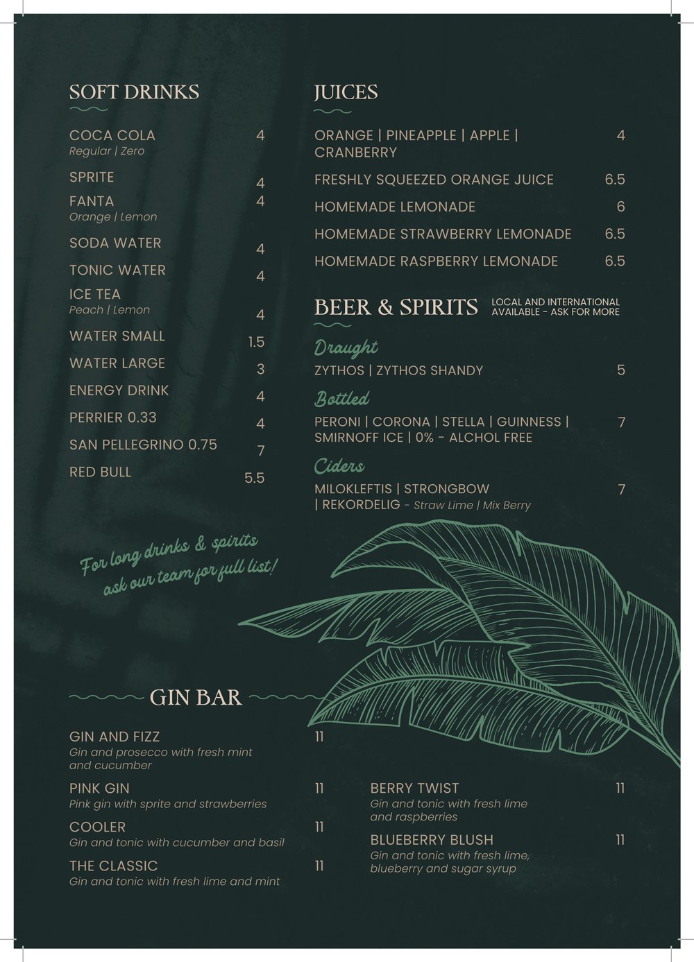 Printed Starlight menu page with soft drinks, beers, spirits and the gin bar